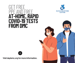Photo announcing that DMC is providing Free PPE and Free At-Home, Rapid COVID-19 Tests. The photo features a illustration of a woman with black hair, wearing an orange shirt, a face mask, and holding her cell phone. There is an illustration right next to her of a man with short black hair, wearing a blue jacket, a white t-shirt, blue jeans, a face mask, and giving a thumbs up sign.