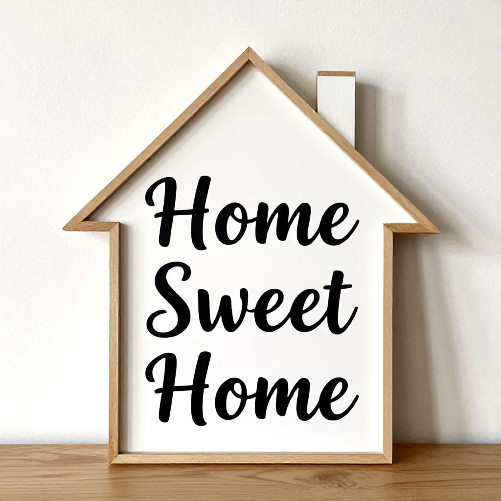 Wooden Home Sweet Home sign in the shape of a house sitting on table.