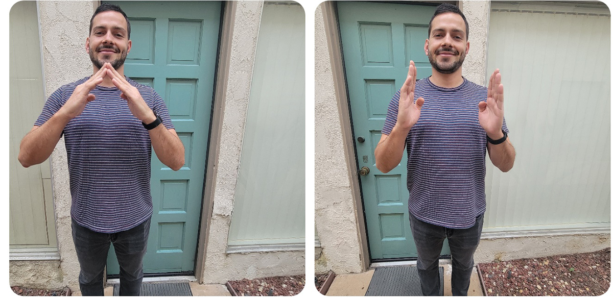 Tobias doing ASL Sign for House - in 2 motion graphic standing in front of blue door - blue border on image