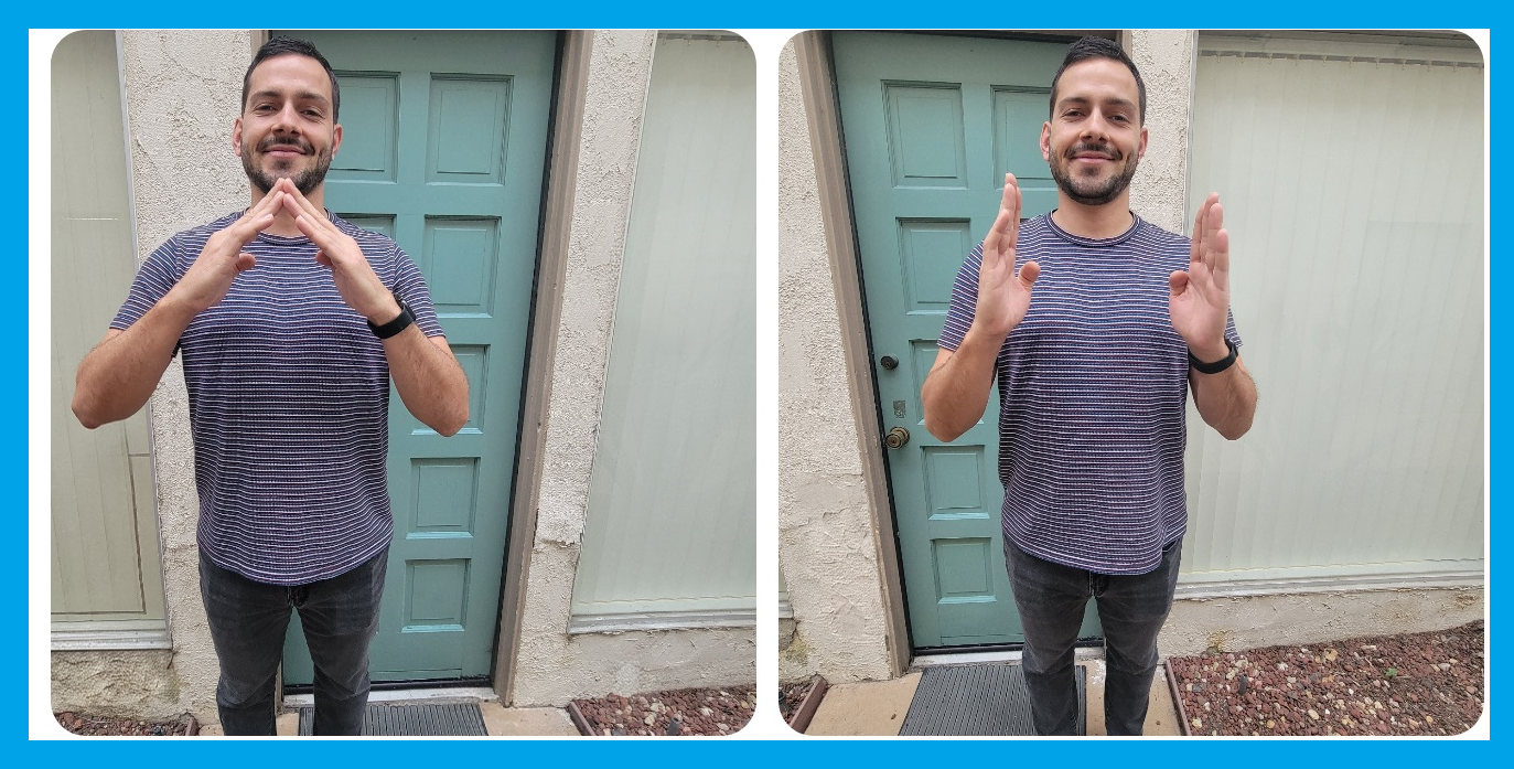 Pictured above: Tobias, Deaf Housing Coordinator, standing in front of teal door signing “HOUSE” in ASL