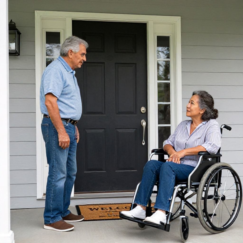 Two older adults with different disabilities on front porch near front door with Welcome Mat