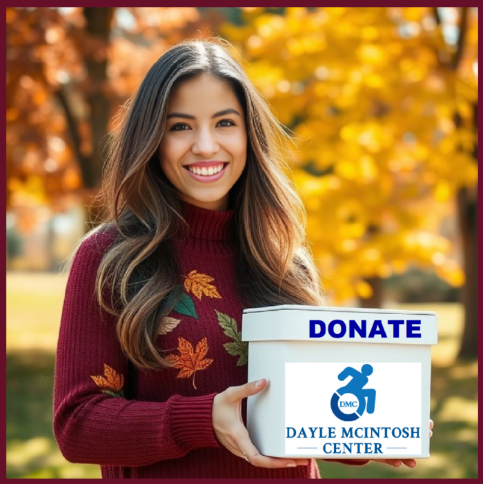 DMC’s Liza outside on fall day featuring trees with gold and orange autumn leaves in background. Liza is smiling wearing burgundy sweater featuring orange, green and gold leaves holding a white donation box featuring DMC blue logo and the word “DONATE” in dark blue on lid. Image has burgundy border.