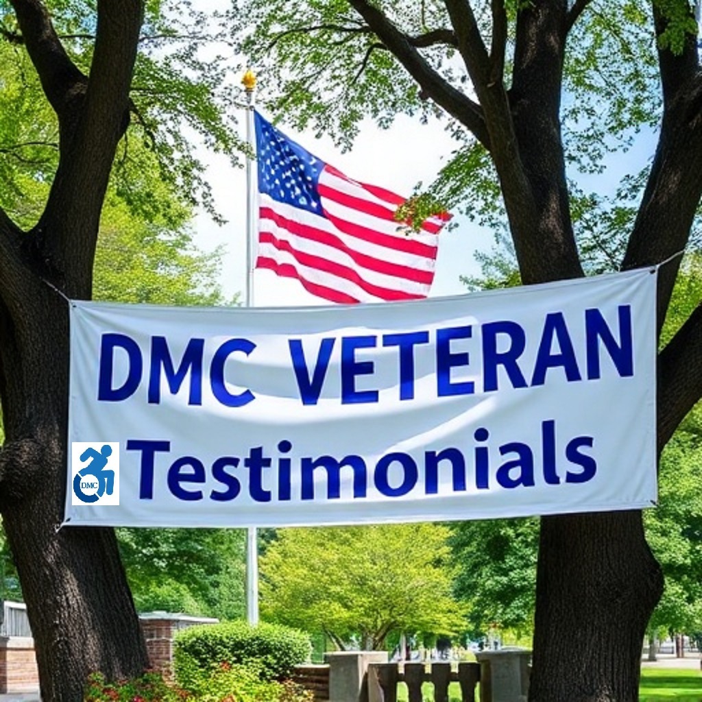 White banner hung between two trees in park which reads DMC Veteran Testimonials written in blue with DMC blue logo on it. In the background a U.S. flag flies in park with lots of green trees and grass.