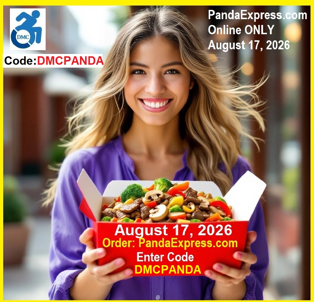 DMC’s Liza smiling wearing purple shirt holding red carton of Panda Express Beef Sirloin with mushrooms, broccoli and red peppers. Container reads: On August 17, 2026 Order Pandaexpress.com; Enter CODE: DMCPANDA Image has yellow border. DMC Blue logo in upper left corner