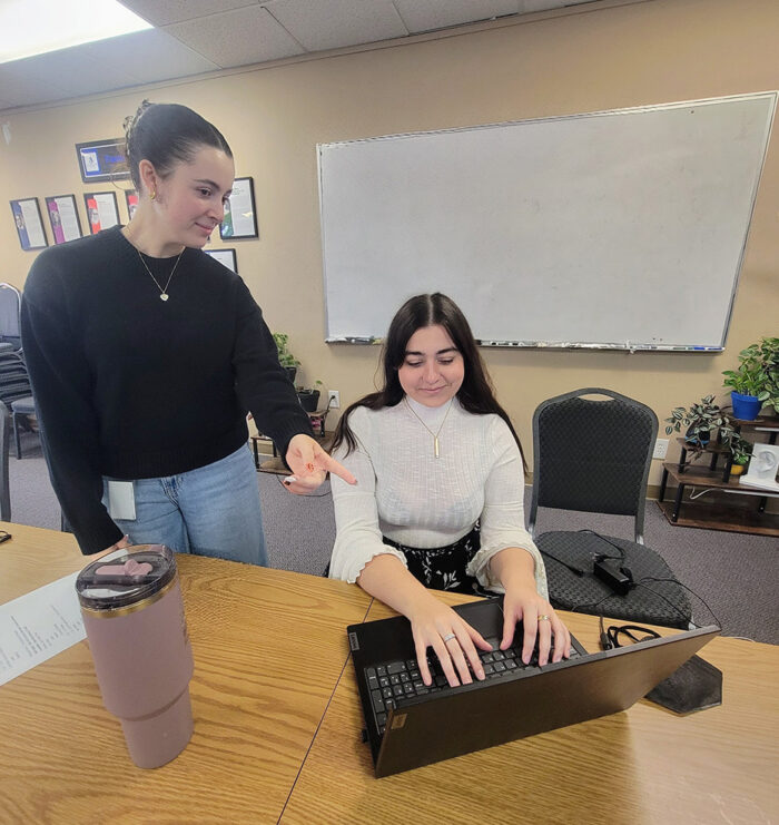 BreeAnna - DMC Systems Change Advocate working with Alessia - visiting Systems Change Advocate in collaboration for change on computer in meeting room.