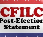 Graphic of red white and blue button with CFLIC Post-Election Statement Text on it.