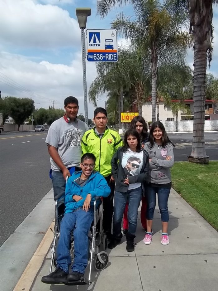 MMP Mobility Management Training 6 youth with various disabilities at the OCTA bus stop