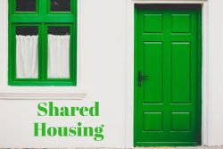 Picture of house with green door and window frame with Shared Housing in text box