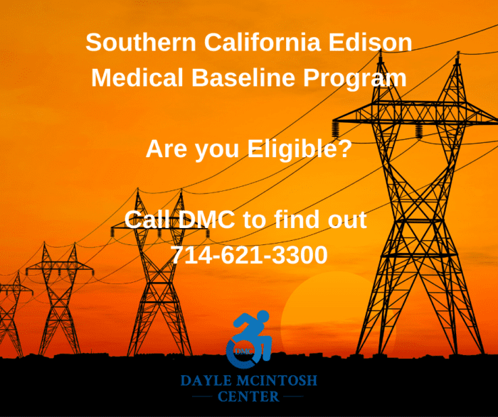 Graphic of power lines with orange sunset in background with DMC logo and text that states: Southern California Edison Baseline Program. Are you eligible? Call DMC to find out 714-621-3300.