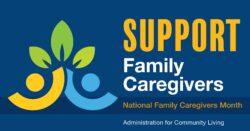 blue yellow green graphic that says Support Family Caregivers, National Family Caregiver Month, Administration on Community Living