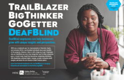 Woman using phone, DeafBlind awareness week.