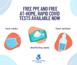 Photo announcing that Free PPE and Free At-Home COVID-19 Tests are now available from DMC. The photo contains illustrations of face masks, disinfecting wipes, and hand sanitizer.
