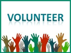 The word volunteer in teal green with reflection of letters. Underneath VOLUNTEER a diverse community of raised hands volunteering