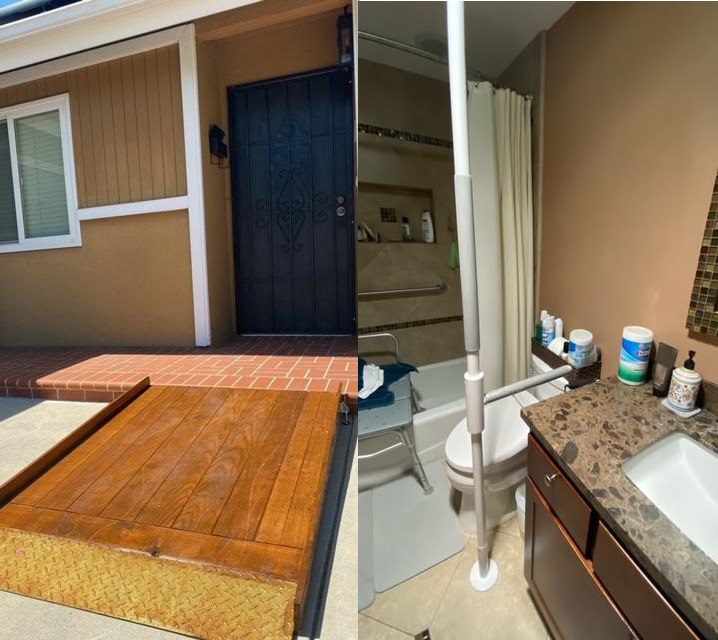 :  Wooden ramp with metal entry to brick front porch for accessibility;  Right pictured is free-standing mounted accessibility grab bar in bathroom  next to toilet. 