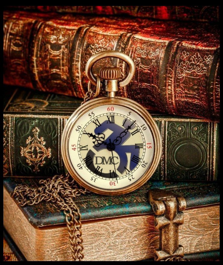 DMC logo on the face of a pocket watch in front of old books, reflecting memories of the past