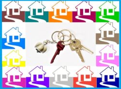 Pictured, a set of house keys with an angel key chain. A rainbow border of houses frames the picture.