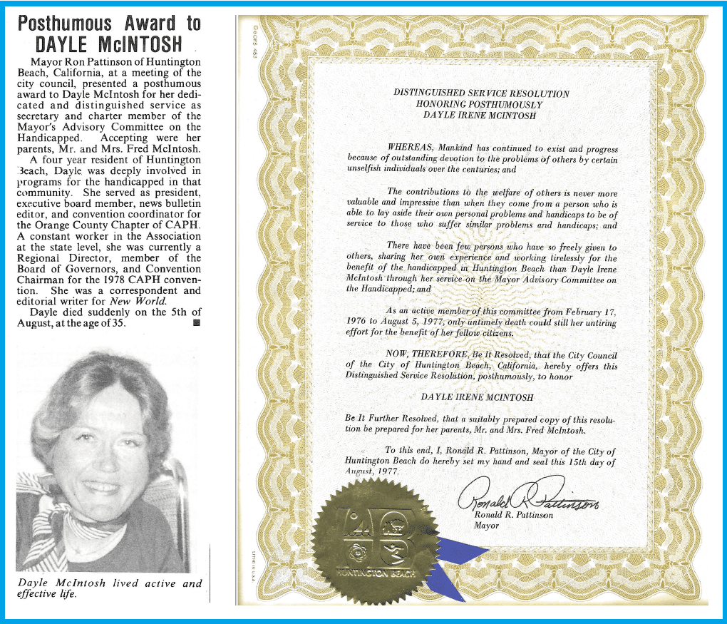 News article featuring Dayle’s Posthumous Award by City of Huntington Beach w/Proclamation