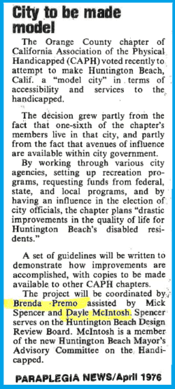 Newspaper clipping with the headline “City to Be Made Model” referencing the City of Huntington Beach and the work that Dayle McIntosh did with Brenda Premo and Mick Spencer, working on the Spencer Ramp Project when Dayle was working as Norma Gibbs’ Handicapped Advisory Committee.)