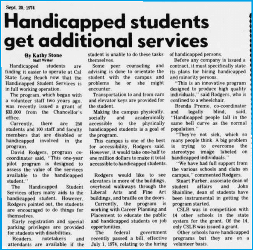 Newspaper article – September 20, 1974 – CSULB, announcing handicapped students get additional service