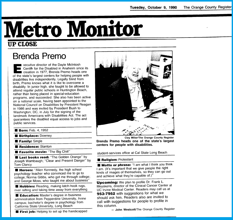 News article in Metro Monitor Up Close section of OC Register October 9, 1990