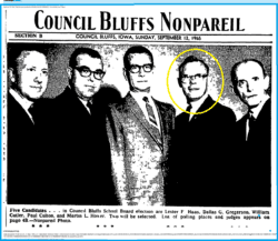 News clipping front page of the Council Bluffs Nonpareil Newspaper, Sunday 12, 1965 edition. Paul Culton is pictured second from the right in a group of five men standing, all wearing suit and tie attire. This group of five candidates were running for the school board