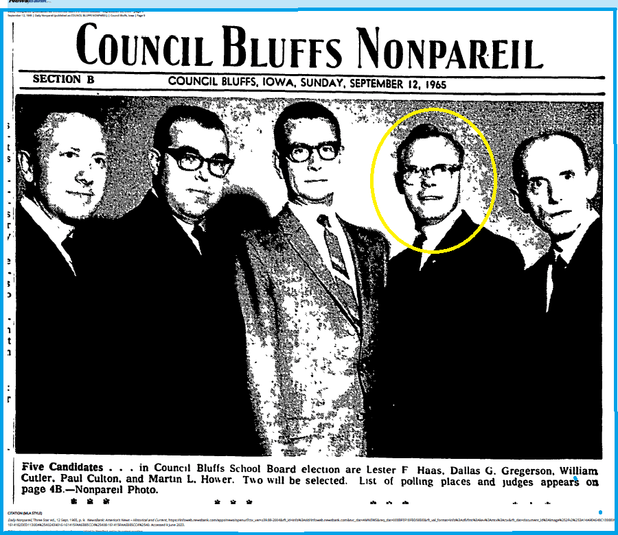 News clipping front page of the Council Bluffs Nonpareil Newspaper, Sunday 12, 1965 edition.  Paul Culton is pictured second from the right in a group of five men standing, all wearing suit and tie attire.  This group of five candidates were running for the school board