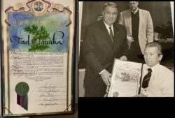 Tad Tanaka is being presented in 2001, recognition with a proclamation from Los Angeles County. The certificate is on antique paper with the County of Los Angeles logo at the top. The middle part of the certificate is blue, green and has Tad Tanaka’s name written in fancy script. To the right of this photo in black and white is Tad sitting in his wheelchair receiving the proclamation from L.A. County Supervisor Don Knabe, who approved the distribution of this photo presentation of Tad’s special honor.