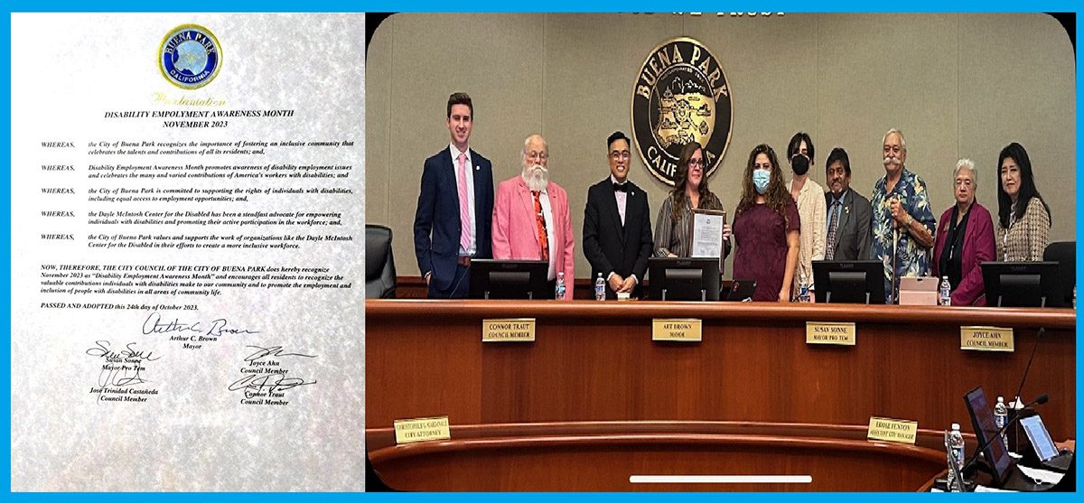 Left, pictured is the proclamation from the Buena Park City Council; Right, pictured is Buena Park City Council members with Buena Park Mayor Art Brown and Buena Park Mayor Susan Sonne with DMC's Board President, Tony Clement, Vice-President, David Flores, Executive Director, Brittany Zazueta, Systems Change Advocate Beck Levin, and Housing Liaison Marisol Johnson.