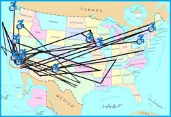 United States Map showing the long journey of all of the DMC Dream Team Founders and Original Board of Officers. The map shows how disability activists came together from their birth places in Vancouver, Canada, Philadelphia, Pennsylvania, Albuquerque, New Mexico, Ramsey, New Jersey, Santa Paula, California, Compton, California, Council Bluffs, Iowa, Portland, Oregon, Lakota, Iowa and Long Beach, California. The Board of Officers all traveled to different places based on where they went to school, where they worked, where they were deployed via the military and also sent during WWII. Somehow, their destined paths all intersected in Orange County, California.