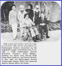 Lengthy newspaper article clipping from February 7, 1973 titled “HSS Tackles Special Need of the Handicapped.” The clipping is from CSULB’s Forty-Niner Newspaper heavily featuring the work Tad Tanaka and Brenda Premo were doing in their early activism