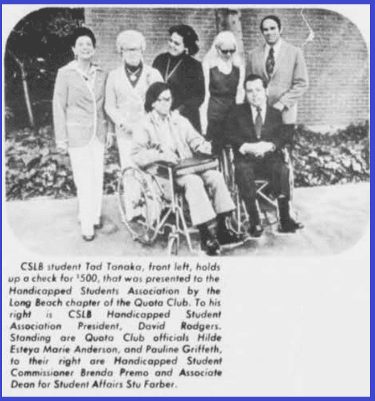 Lengthy newspaper article clipping from February 7, 1973 titled “HSS Tackles Special Need of the Handicapped.”  The clipping is from CSULB’s Forty-Niner Newspaper heavily featuring the work Tad Tanaka and Brenda Premo were doing in their early activism