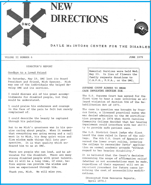 Pictured a Copy of DMC’s New Directions Newsletter where Brenda pens a goodbye to Mick Spencer upon his death, as an official farewell from DMC