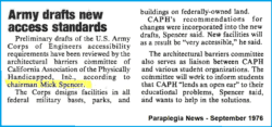 Paraplegia News clipping from September 1976 about architectural barriers where Army Drafts New Access Standards