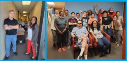 Pictured Left: Deaf Service Advocates Pamela and Jet standing in the hallway of DMC smiling with Team DMC smiling in the background; Pictured Right Team DMC and participants at the Deaf Fun Day Event