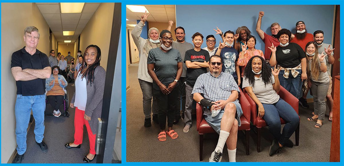 Pictured Left: Deaf Service Advocates Pamela and Jet standing in the hallway of DMC smiling with Team DMC smiling in the background; Pictured Right: ALT-TXT – Team DMC and participants at the Deaf Fun Day Event