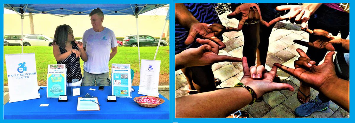 Pictured Left: DMC’s Pamela and Jet standing behind a table in a booth at DeaFestival of Riverside event; Pictured Right: A circle of hands signing “I Love You in a community circle