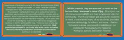 Both side-by-side photos include a cartoon chalkboard on a blue background. The chalkboards have white writing on them, which read: "I have known of and partnered with the Dayle McIntosh Center (DMC) many times throughout the last 12+ years. There are countless examples where they offered services that benefited my students. One example: I had a student that was in a wheelchair and his apartment was located on the second floor of their complex with no elevator. Mom throughout the years would carry him up the stairs and then go back down for his chair each and every day. As the years went on and the student grew, mom mentioned she was struggling to continue to do this and asked for help. There was even a rainy day, where she slipped and fell when carrying her adult child. DMC provided an advocate for the family, who wrote a letter and talked with the landlord to provide them reasonable accommodation. (continued on next slide) Within a month, they were moved to a unit on the bottom floor. Mom was in tears of joy. This is just one of many examples DMC and their employees help the community. They have helped get glasses for students in need, travel trained many of my students, provided assistive technology for others, and more. I feel so fortunate to know people with disabilities in our community have an amazing resource. - Kandyce, Special Education Teacher