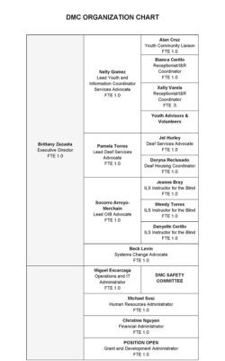 DMC organization chart with staff names and roles.