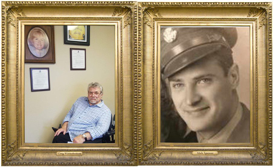 GREGORY T. WINTERBOTTOM (1947- 2020) – DMC Original Board President and Army Veteran sitting underneath photo of Founder, Dayle McIntosh onsite at DMC. Right - MICK SPENCER aka Marwood Norman Spencer (1919-1979) – Original DMC Board Member At Large, DMC’s 2nd Board President, and Army Veteran photographed as a headshot in uniform.