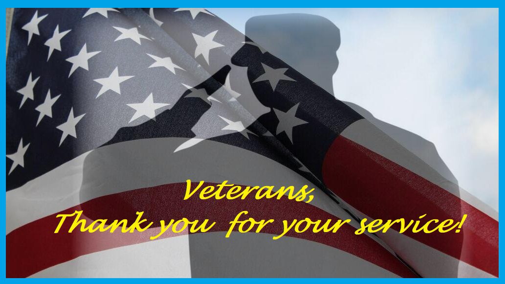 Pictured, Silhouette of a soldier and U.S. flag overlapping with blue sky and white clouds in background. Written in yellow text “Veterans Thank you for your service” is written on image.