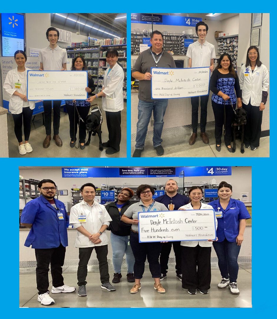 Pictured, a collage of check presentation photos featuring Team DMC members with Walmart of Anaheim’s team for “Spark Good Giving Day.”  Teams are standing together holding giant check donations 