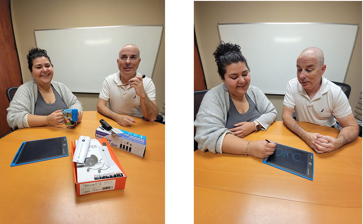 Pictured Anita and Paul reviewing a variety of Adaptive Devices as a part of learning Independent Living Skills 