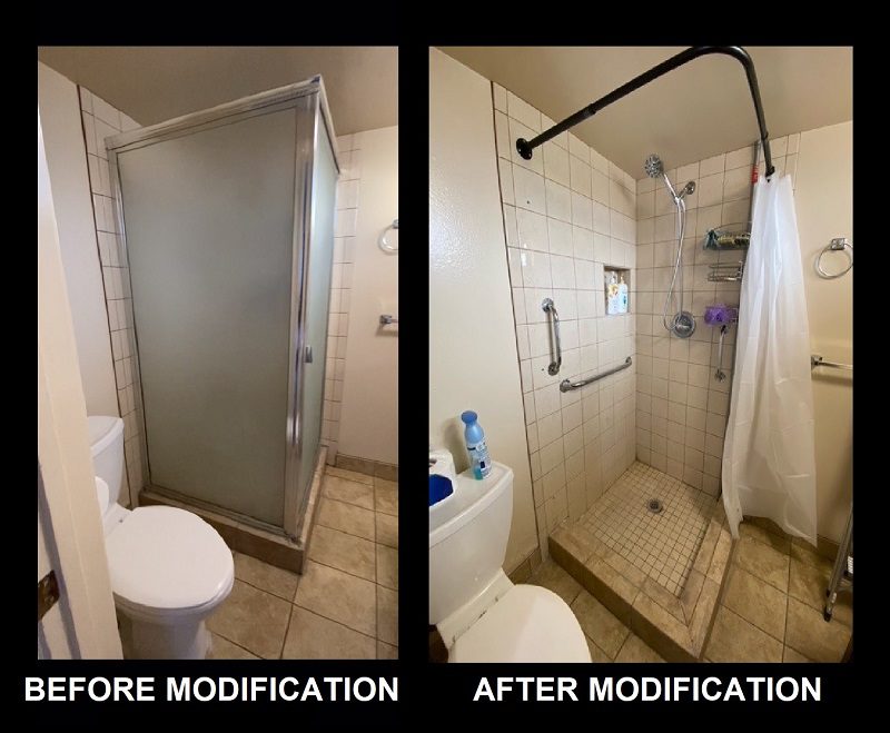 Pictured: Before photo of standard shower with door on the left has a glass door near the toilet.  After Modification photo to the right features ease-of-access walk-in-shower with grab bars from the side and inside the shower with a curtain for accessibility.