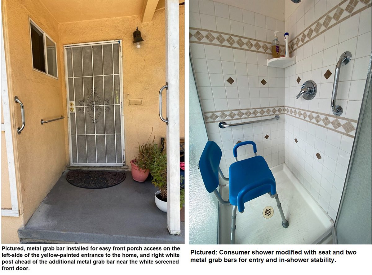 Pictured, metal grab bar installed for easy front porch access on the left-side of the yellow-painted entrance to the home, and right white post ahead of the additional metal grab bar near the white screened front door. Pictured Right: Consumer shower modified with seat and two metal grab bars for entry and in-show stability