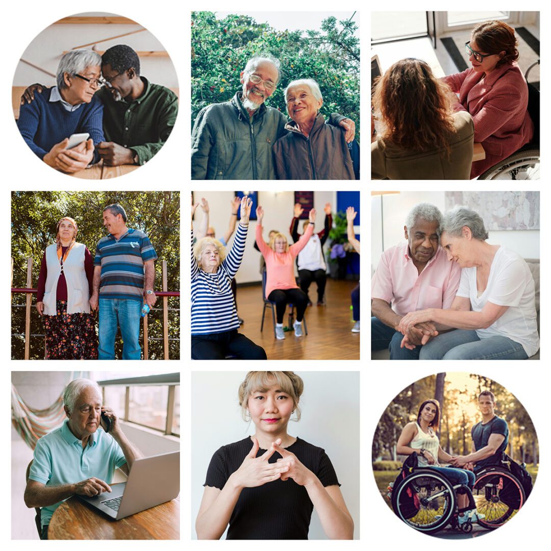 Pictured a photo collage of people. Upper Left: Couple comforting each other, center top, older adult couple; Right top photo: Older adult getting guidance from counselor;  Center row left: older adult couple outside walking in nature; Center middle photo older adults taking exercise class;  Center row right- older adult couple supporting each other;  Bottom row left: Older adult on the computer and phone trying to navigate a website of resources; Bottom row center, adult doing ASL; Bottom row right, younger couple outside contemplating ADRC resources for their older adult family members.