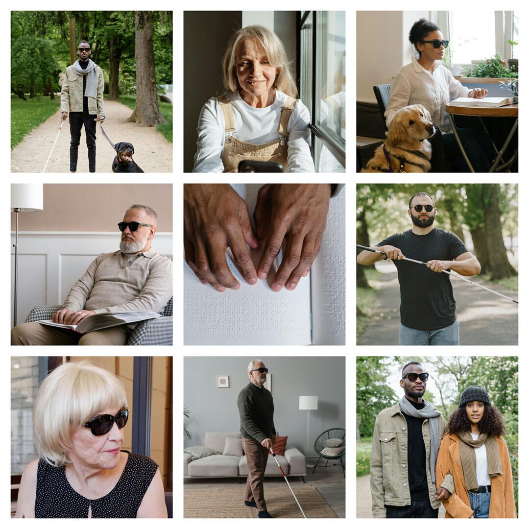 Pictured a photo grid of people of all ages from 18-55 and older adults, the two groups DMC serves. Upper left hand corner, younger adult in the park on a path with trees with a mobility cane and a guide dog;  Center top- Older adult with low-vision sitting by a window with optimum light to access her cell phone;  Top right; younger adult sitting at a table with guide dog standing by, reading book in Braille; Center; Center row, left side; older adult reading Braille while seated at  home in an easy-chair; Center middle: pair of hands reading Braille;  Center row right: middle-aged adult adjusting a mobility cane outside in a park; Bottom row left: older adult seated at a table listening to conversation;  Center photo bottom rowolderad,  older adult using mobility cane at home navigating living room;  Bottom row right – young adult couple walking in the park during fall/winter, person on the left has arm intertwined in the other trusting on navigational guidance, both are wearing scarves.  