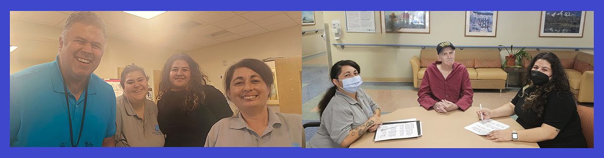 Pictured Left: Jared from the Long Beach VA with DMC’s Anita, Wendy and Marysol.  Pictured right: Marysol C, Veteran and Wendy at table with paperwork to assist Veteran. 