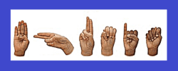 Bhumit the name of DMC’s Board Member At-Large finger-spelled in ASL BIPOC hands are on a white background with a blue border.
