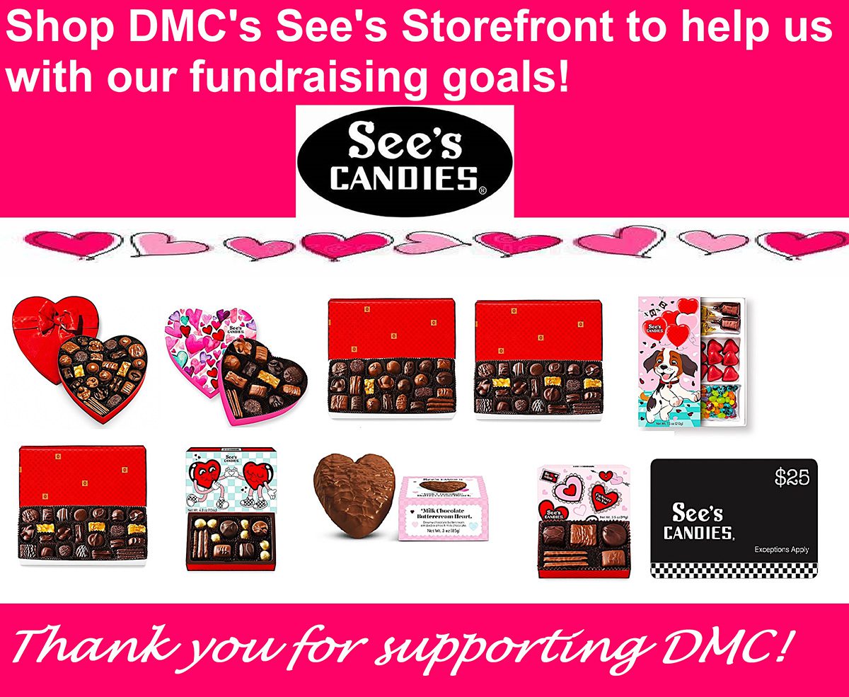 Pictured: Bright pink background with white text displayed “Shop DMC See’s Storefront to help us with our fundraising goals” written in white text. See’s logo black background oval with See’s written in white text; pink and red hearts divider bar; Red heart shaped box of assorted milk and dark chocolates with red bow lid; pink heart shaped box of assorted milk and dark chocolates with pink hearts lid, red rectangle box of assorted milk and dark chocolates; red rectangle box of nuts and chews assorted milk and dark chocolates featuring caramels and nuts; novelty cartoon puppy love hearts pink box for children with red hearts, jelly beans and chocolate; red rectangle box of See’s dark chocolates; red animated cartoon hearts small box of assorted milk and dark chocolates; milk chocolate buttercream heart in pink box; cartoon red and pink hearts box with milk and dark chocolates; See’s $25 Gift Card in black with white writing; Graphic has pink background bar with white lettering in script – Thank you for supporting DMC!