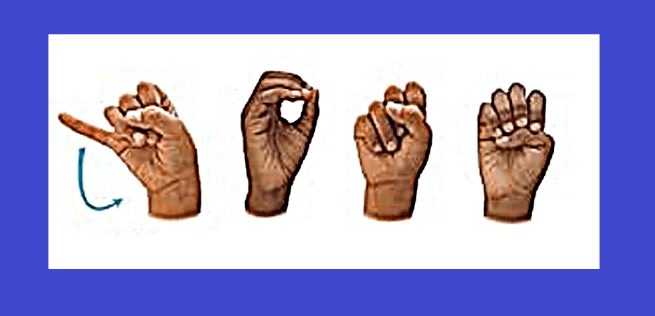 Jose the name of DMC’s Board Treasurer finger-spelled in ASL BIPOC hands are on a white background with a blue border.